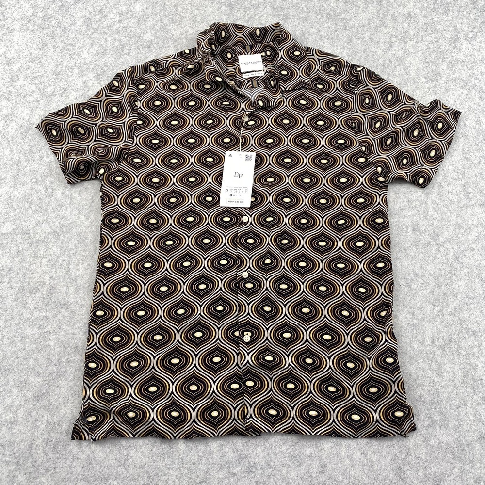 Denim & Flower Shirt Mens Small Black Geometric Viscose Short Sleeve Button-Up